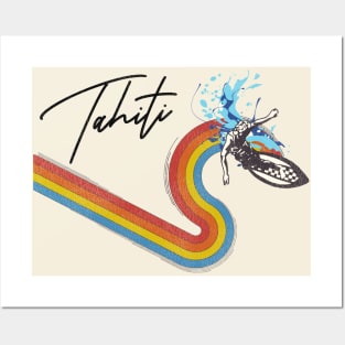 Retro 70s/80s Style Rainbow Surfing Wave Tahiti Posters and Art